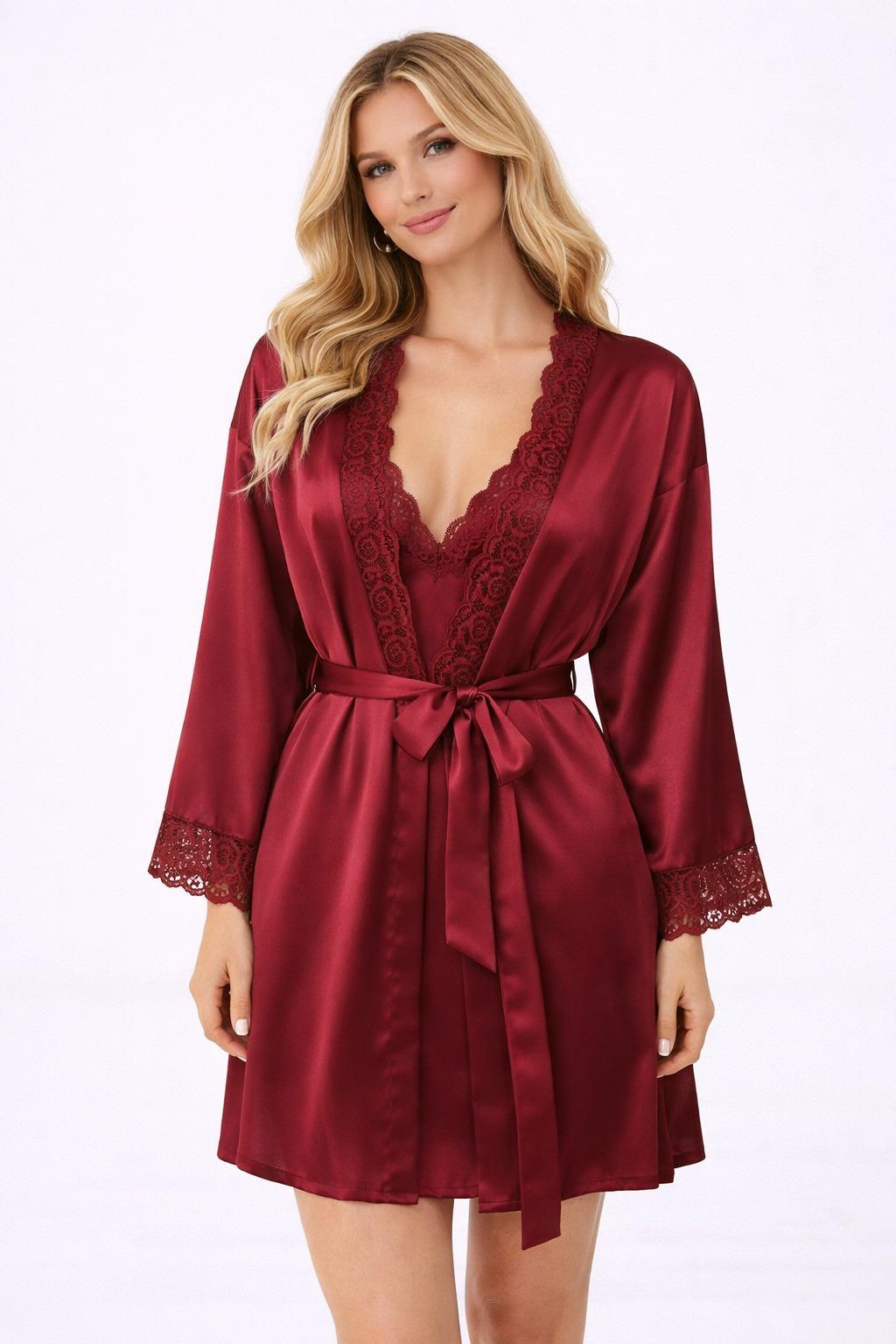 סט שמלה וחלוק סאטן דגם אליס צבע אדום יין