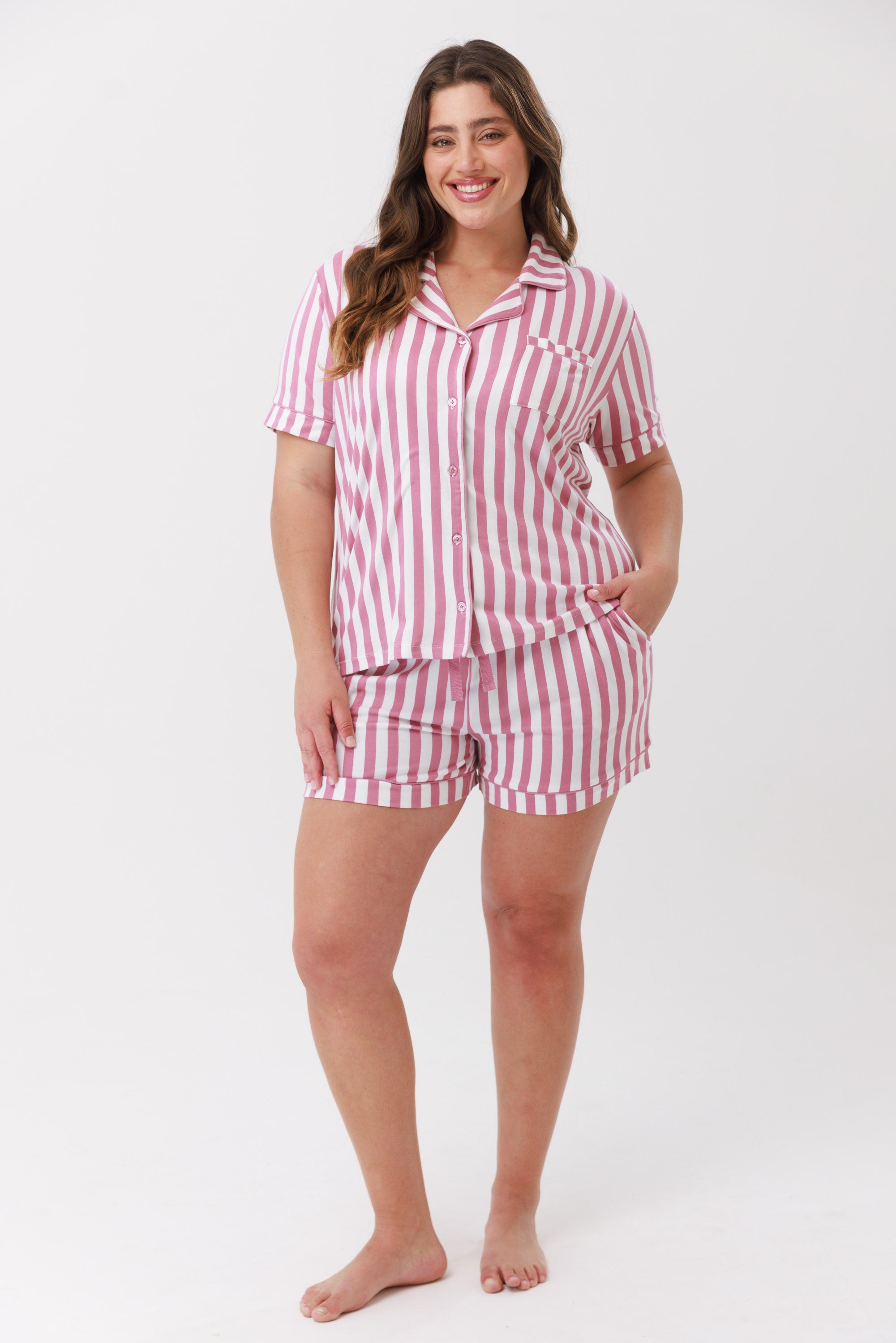 פיג'מה פסים מכופתרת קצרה יאמי צבע ורוד