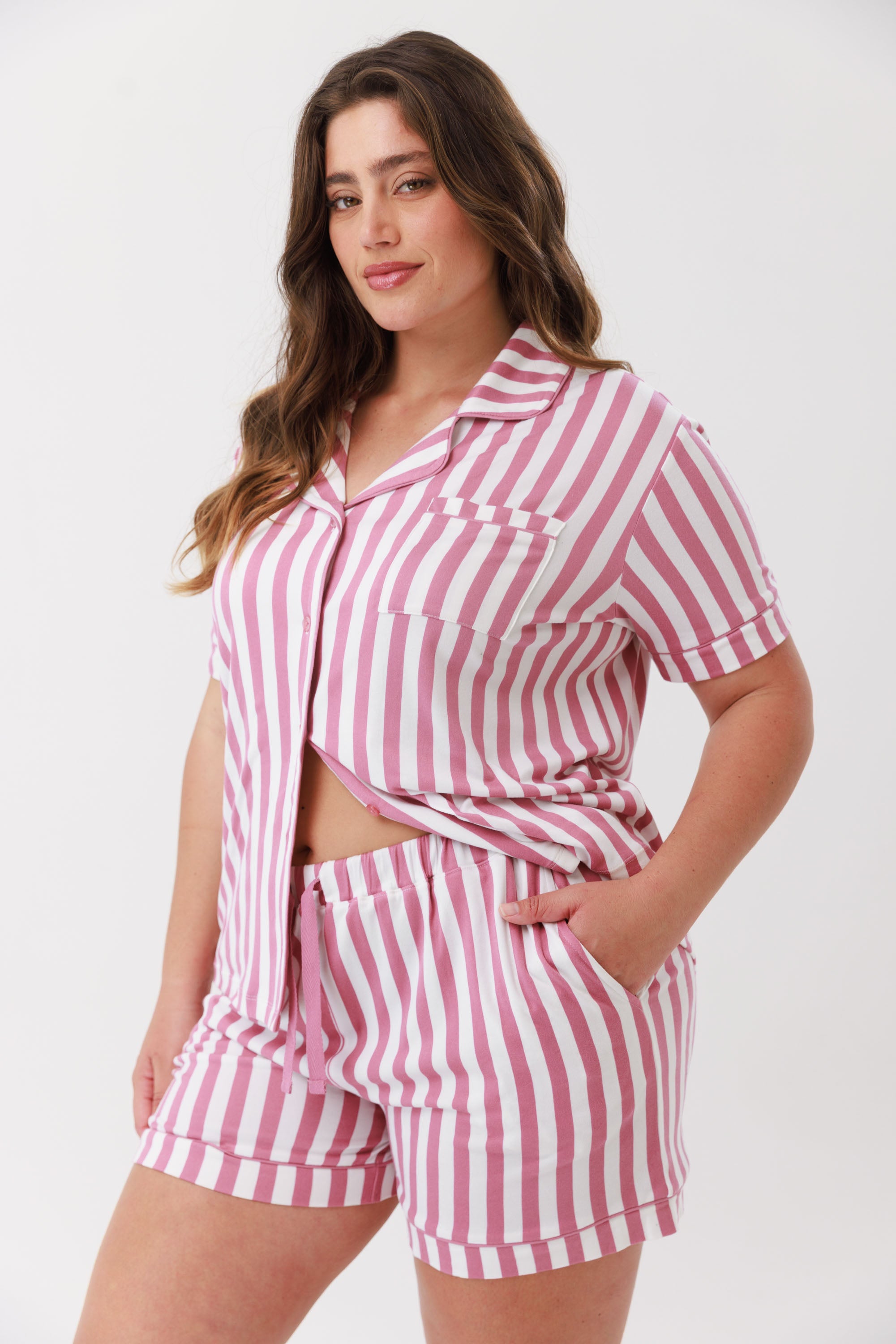 פיג'מה פסים מכופתרת קצרה יאמי צבע ורוד