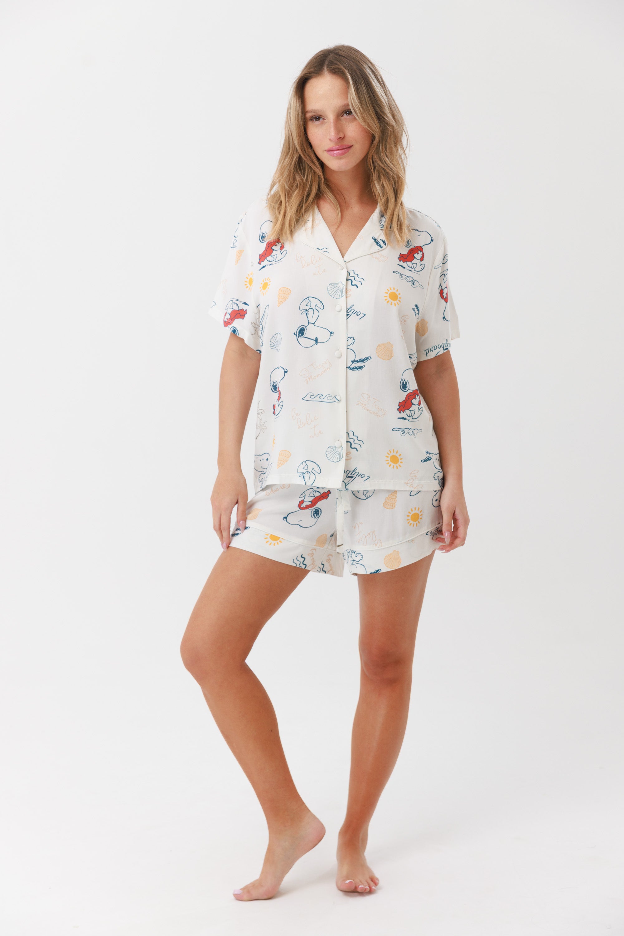 סט מכופתרת מכנס קצר ויסקוזה סנופי צבע שמנת