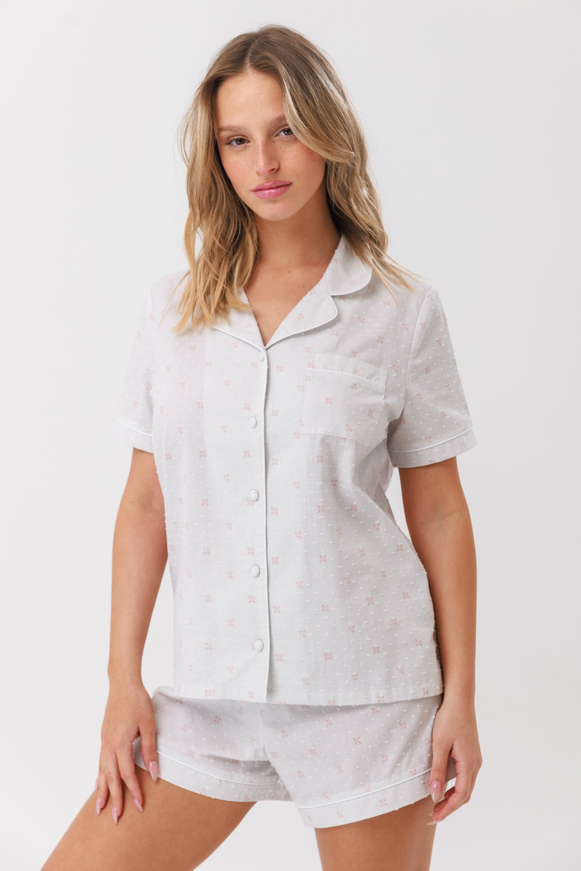 סט כותנה דובי 100% כותנה מכופתרת מ.קצר - פודרה