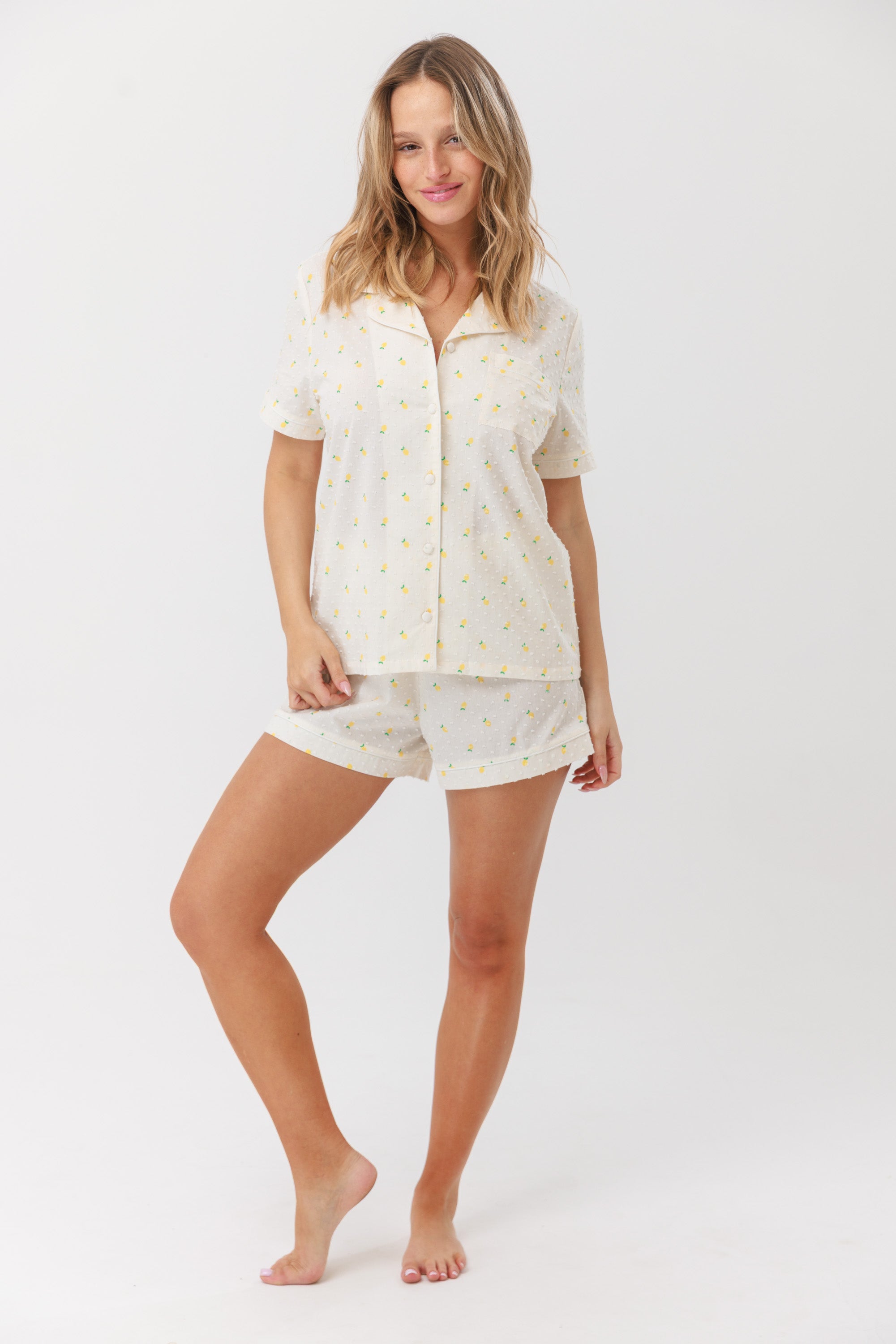 סט כותנה דובי מכופתרת מ.קצר - קרם