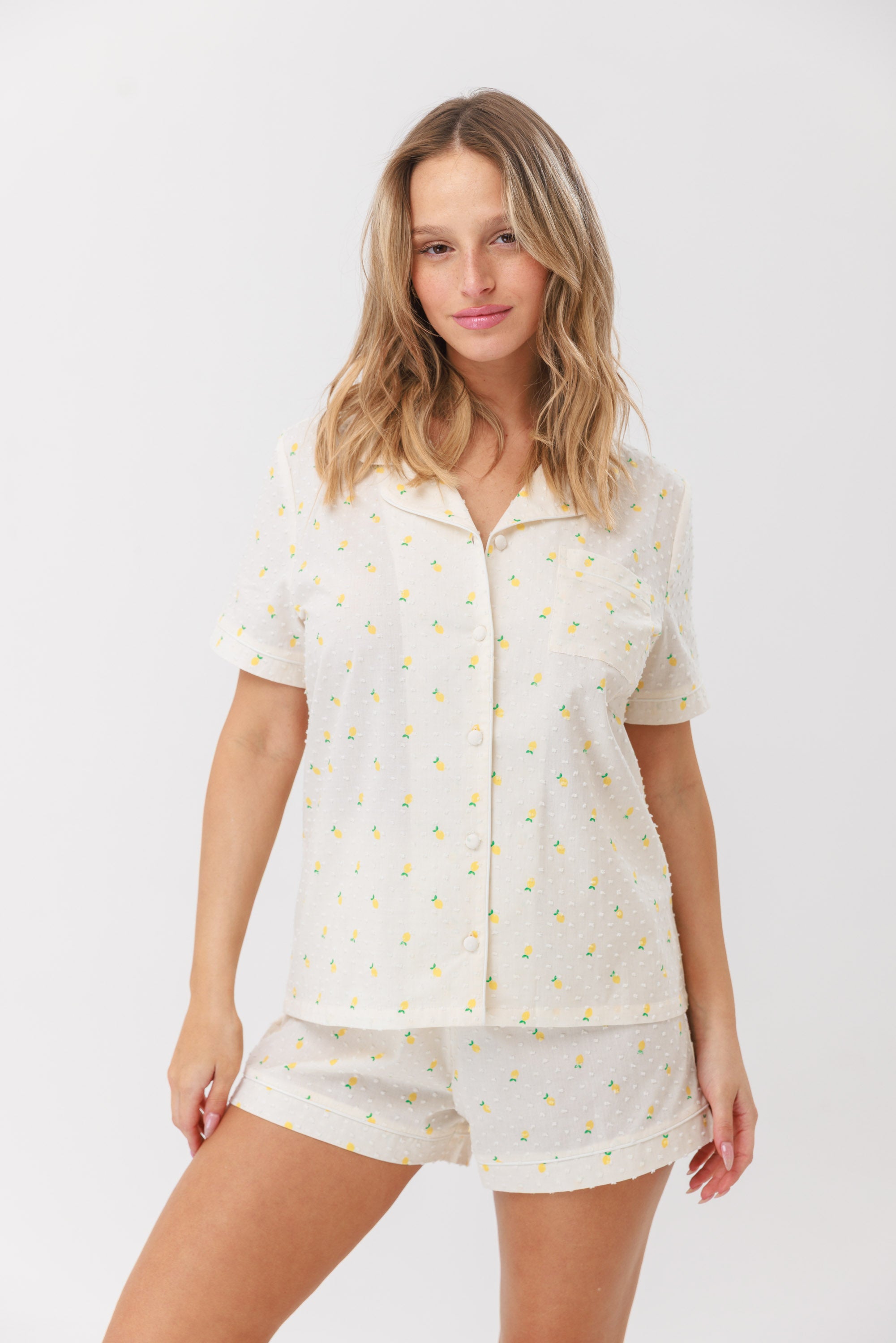 סט כותנה דובי מכופתרת מ.קצר - קרם