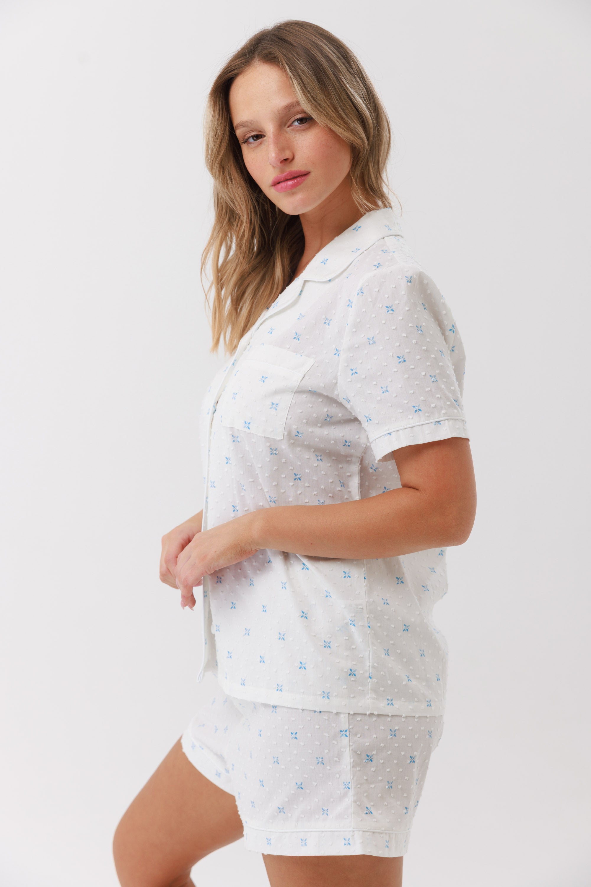 סט כותנה דובי מכופתרת מ.קצר 100% כותנה - קרם